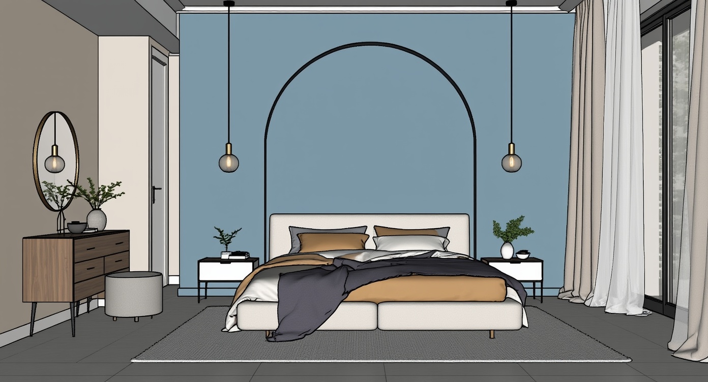 Original architectural 3D model: Modern arched bedroom — neutral morning light