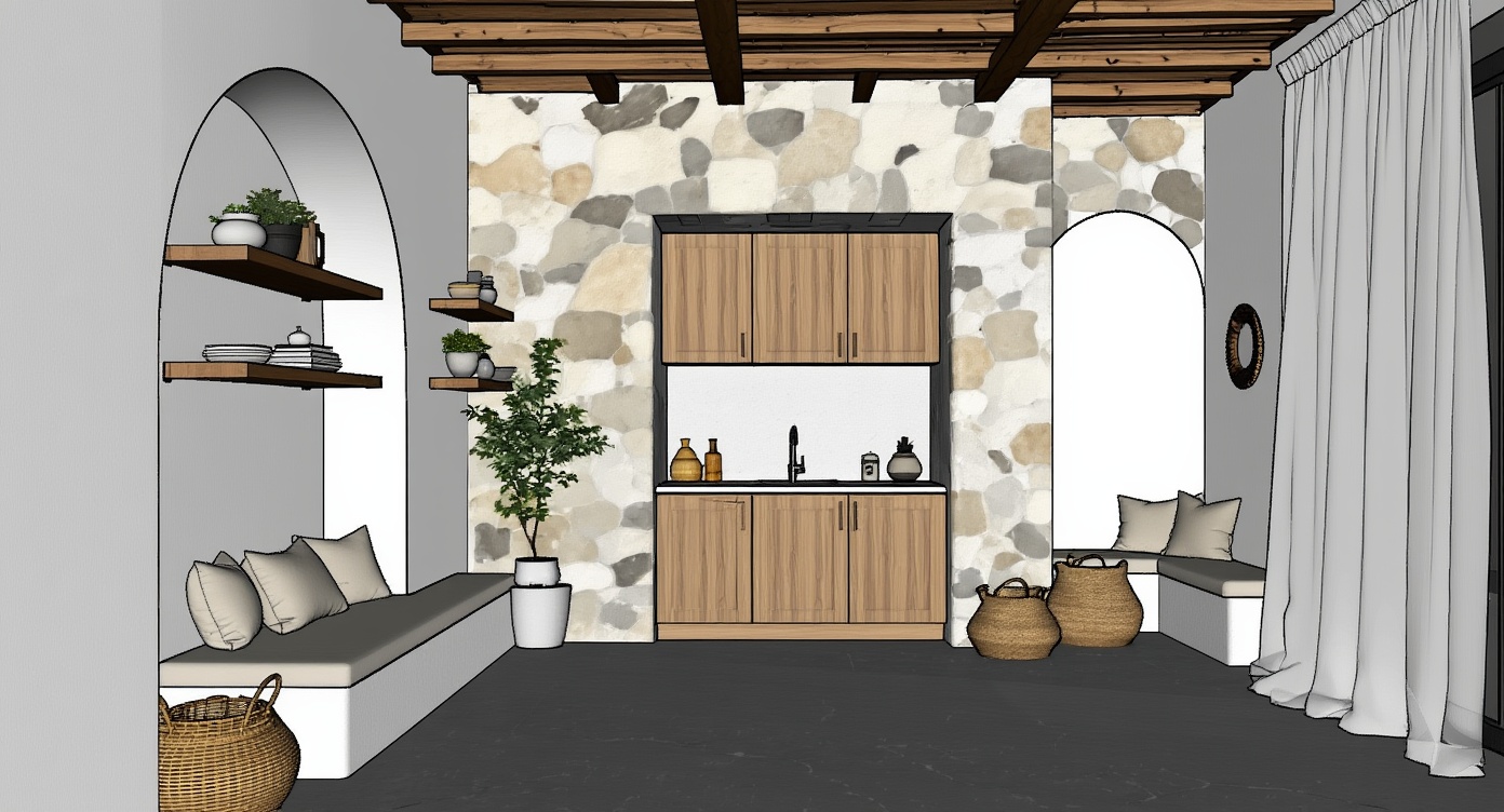 Original architectural 3D model: Modern mediterranean niche — living & kitchen
