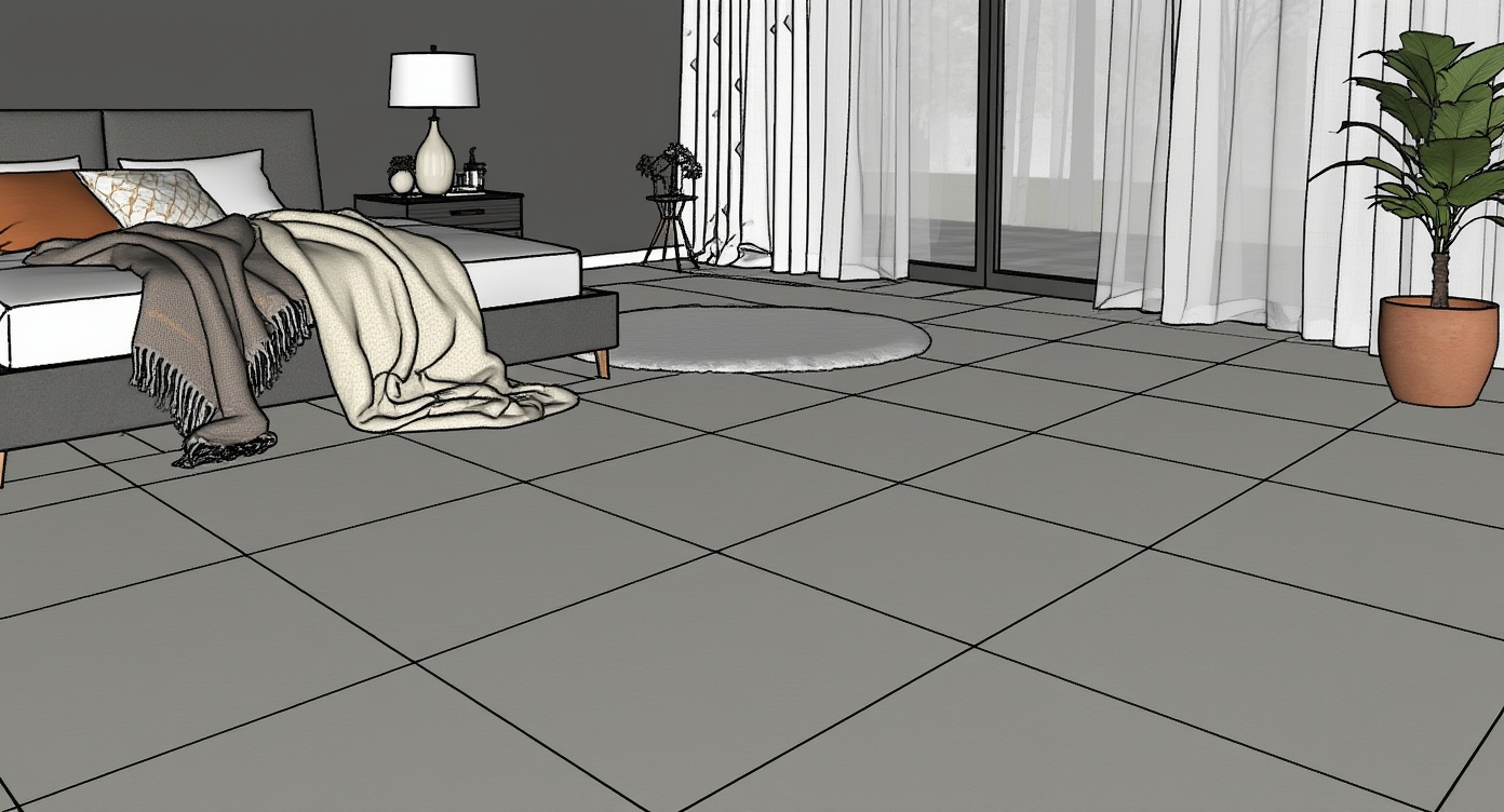 Original architectural 3D model: Modern urban bedroom — morning light on gray tile