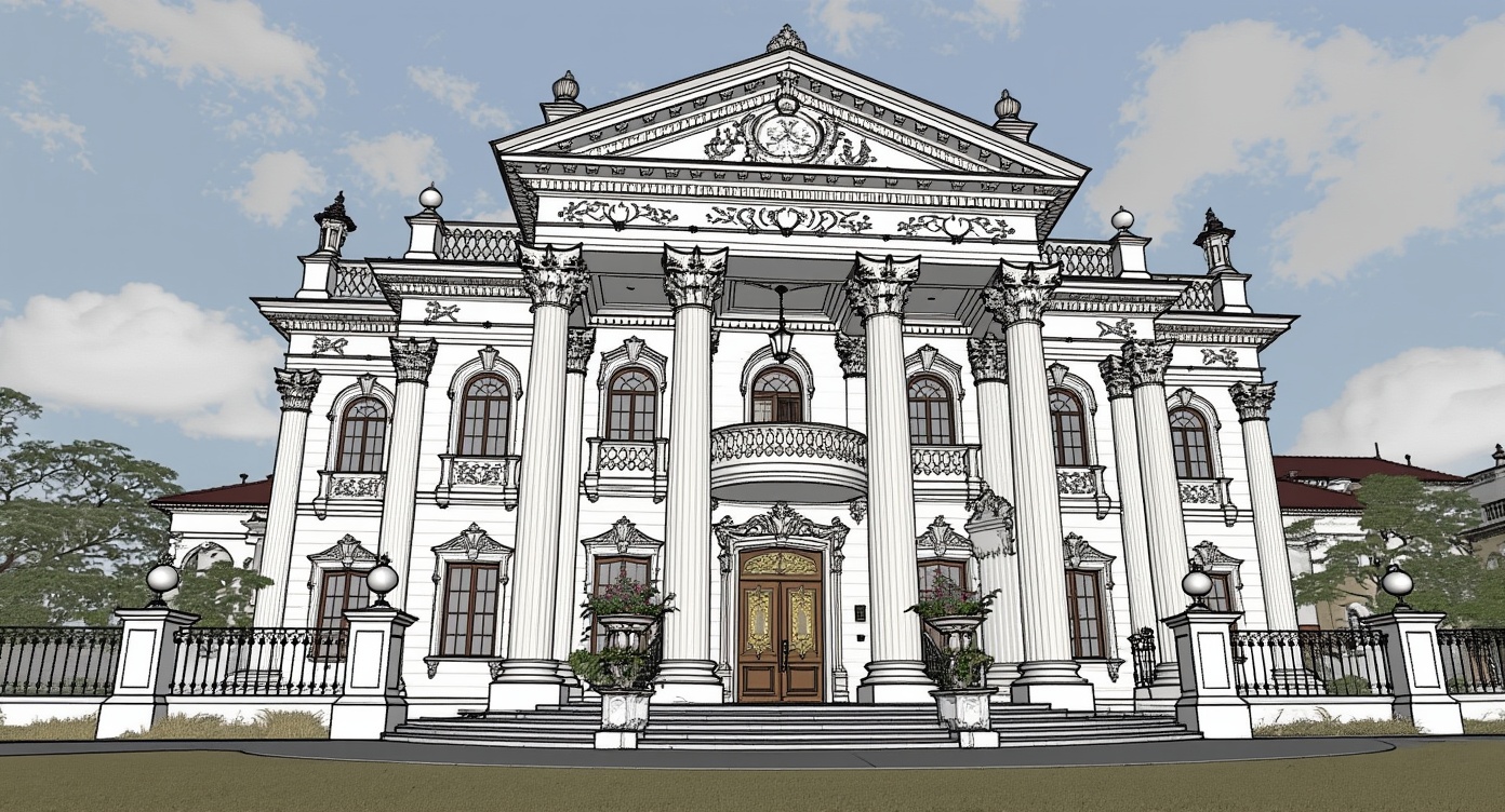 Original architectural 3D model: Neoclassical villa — morning light render