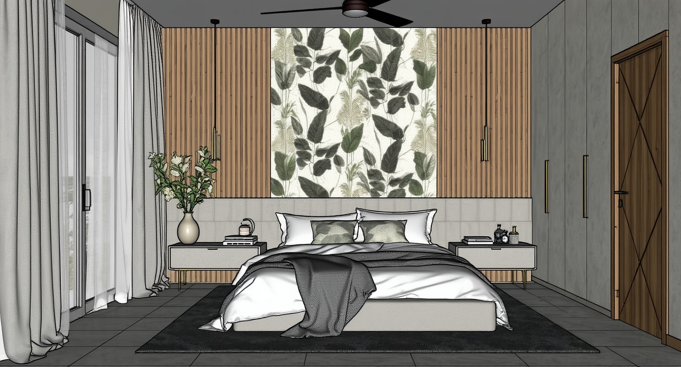 Original architectural 3D model: Modern botanical bedroom — vertical wood slats