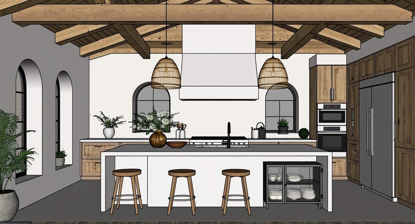Original architectural 3D model: Modern rustic vaulted kitchen render
