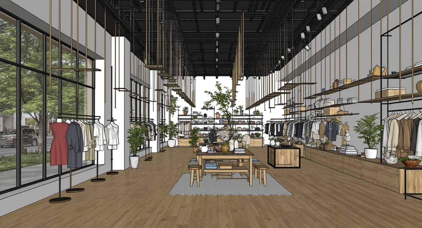 Original architectural 3D model: Contemporary boutique interior — suspended brushed-gold racks