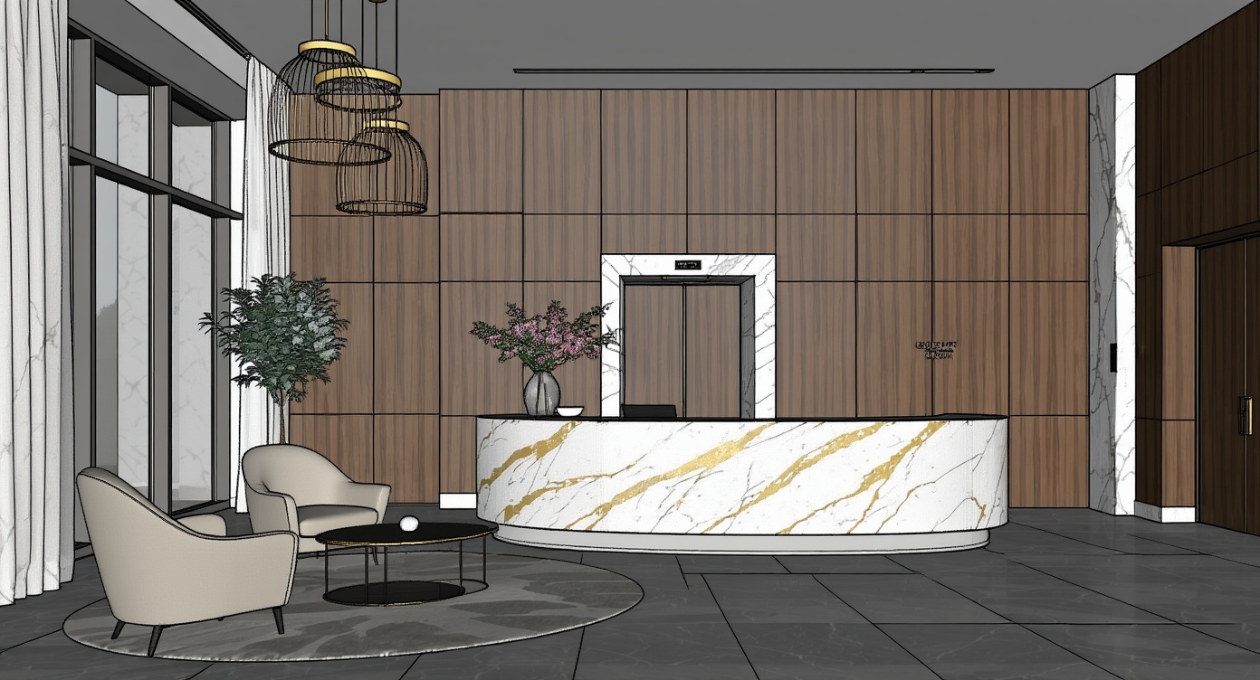 Original architectural 3D model: Modern marble & wood hotel lobby render