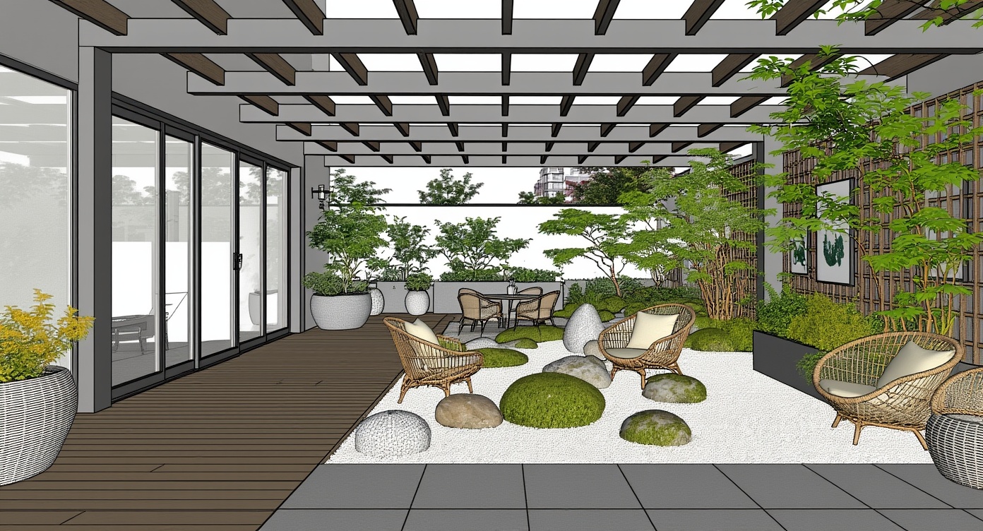 Original architectural 3D model: Modern rooftop terrace — pergola & zen garden