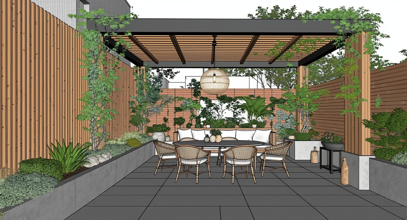 Original architectural 3D model: Contemporary rooftop lounge — pergola dining scene