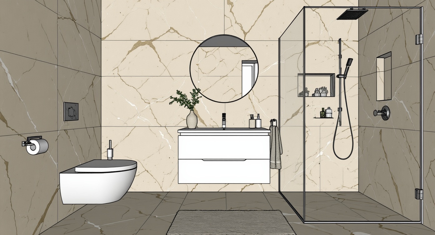 Original architectural 3D model: Modern beige marble bathroom — minimal vanity & walk-in shower