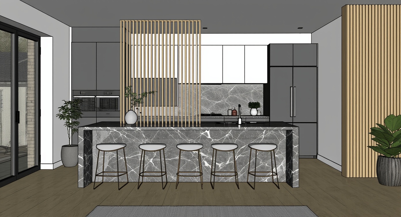 Original architectural 3D model: Modern open-plan kitchen-living — dark veined marble island