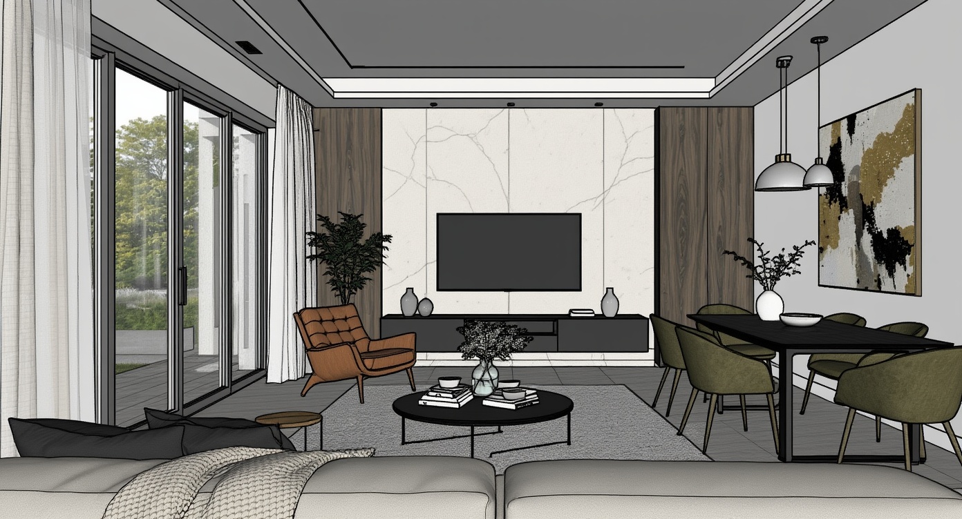 Original architectural 3D model: Modern open-plan living & dining — photoreal render