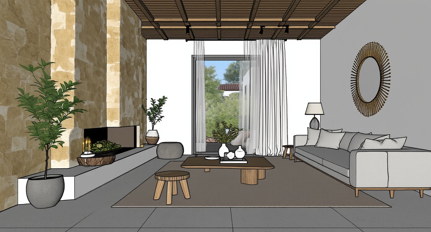 Original architectural 3D model: Modern mediterranean living room — morning light