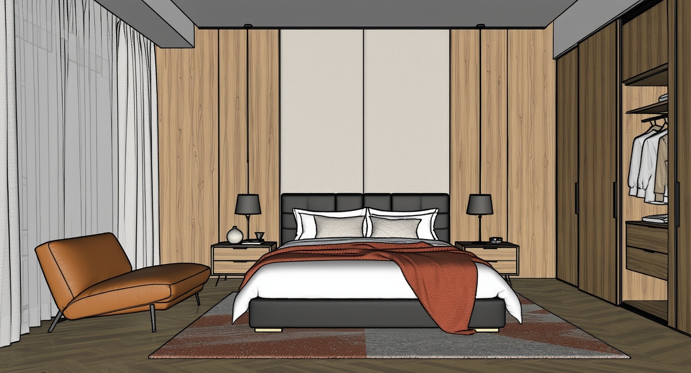 Original architectural 3D model: Modern wood-panel bedroom — photoreal render