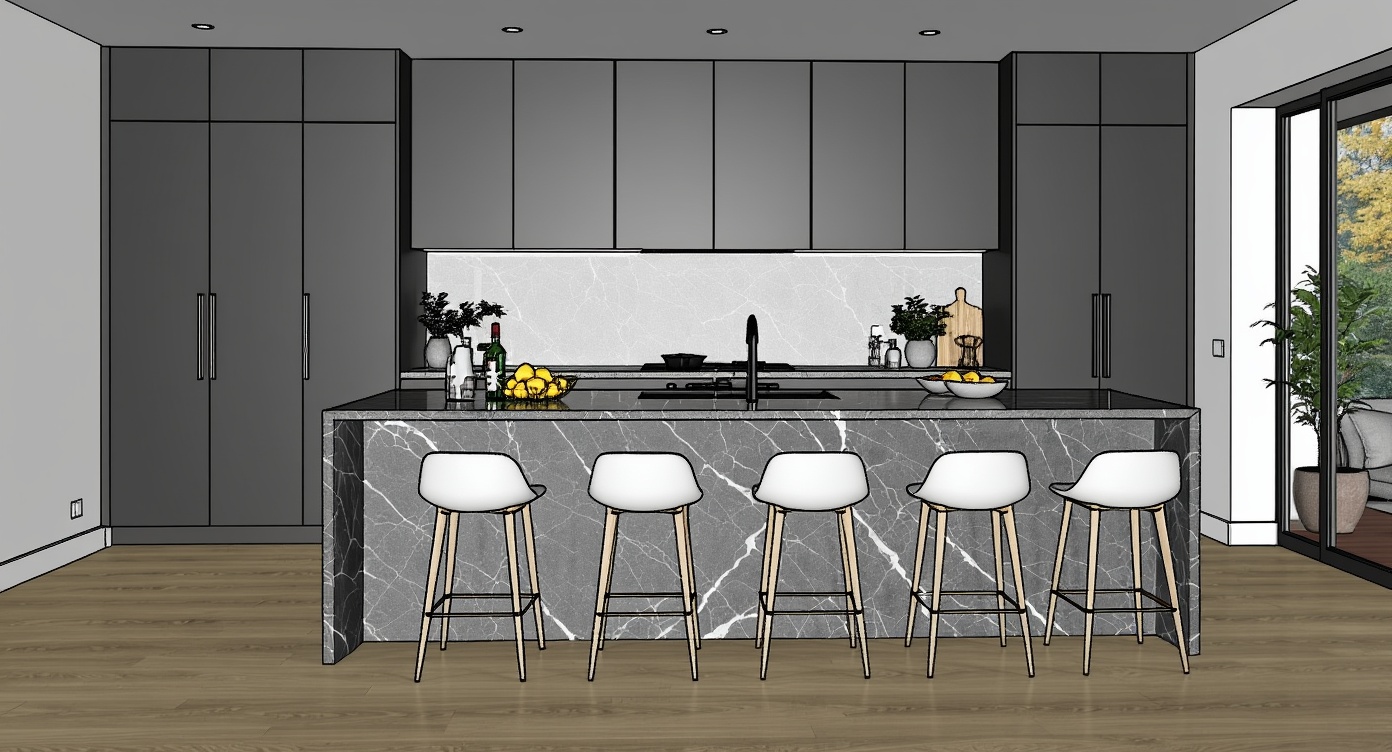 Original architectural 3D model: Modern open-plan kitchen with dark grey marble island